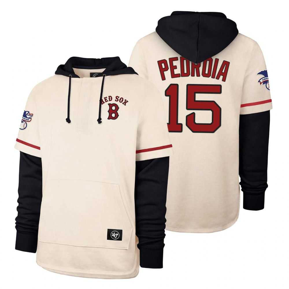 Men Boston Red Sox 15 Pedroia Cream 2021 Pullover Hoodie MLB Jersey